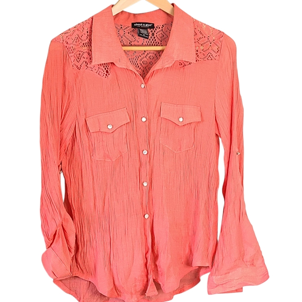 About A Girl Coral Lace Yoke Button-Front Shirt